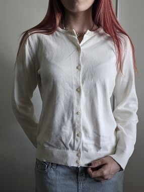 VTG Cherokee White Womens Cardigan with pink Collar details, button up, Coquette